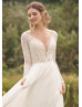 Long Sleeve Beaded Ivory Leaf Lace Chiffon Wedding Dress